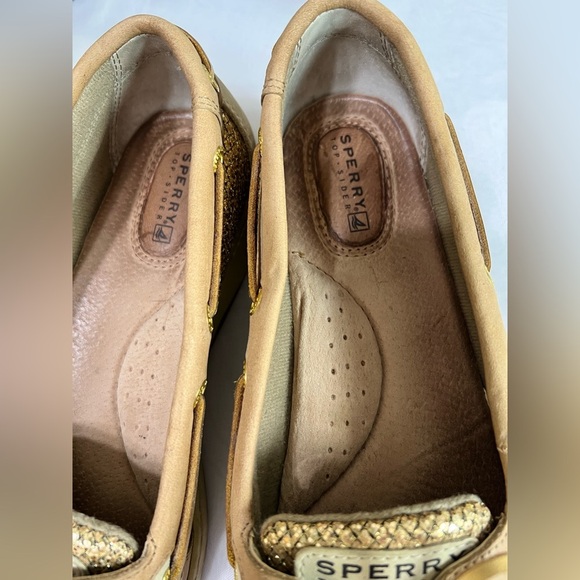 Sperry Womens Songfish Tan Gold Glitter Leather Boat Shoes Loafers Flats 8.5 - Picture 2 of 8